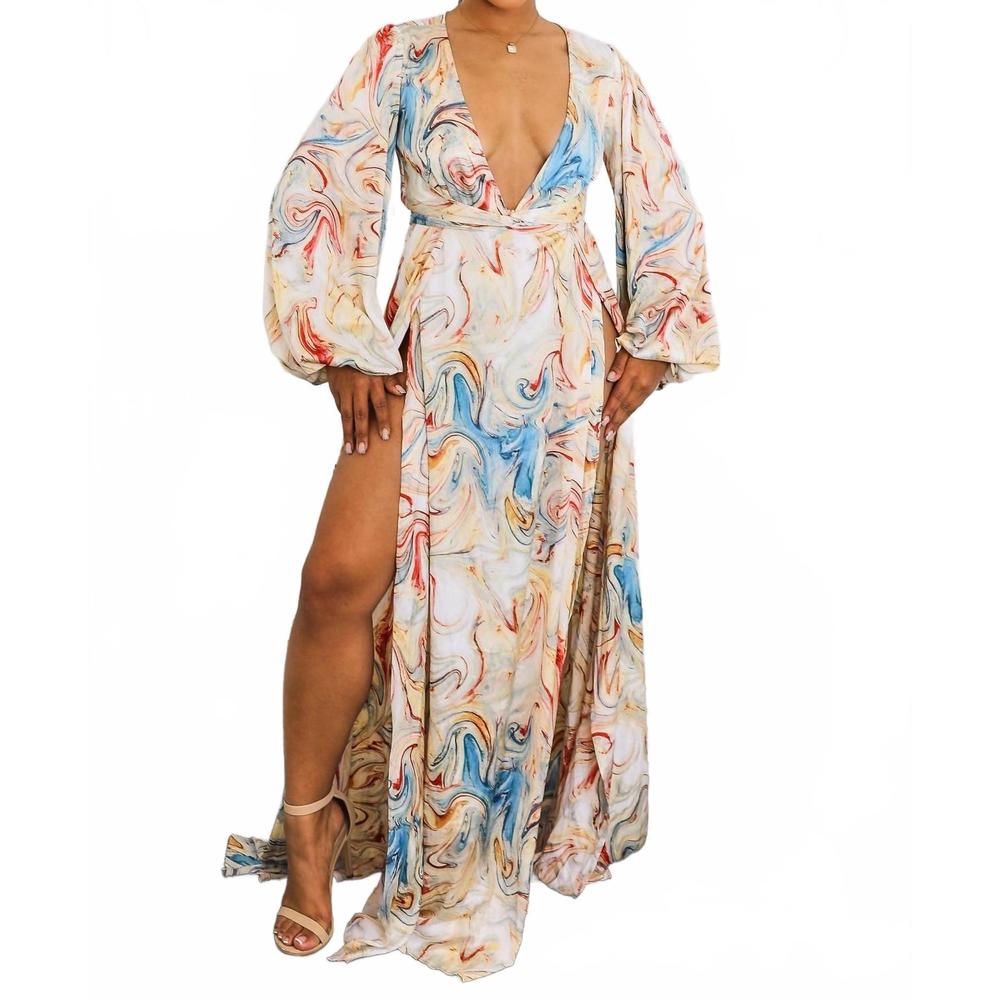 NEW SURELYMINE marble swirl kimono maxi dress with slits boho resort style in mu - Picture 10 of 10